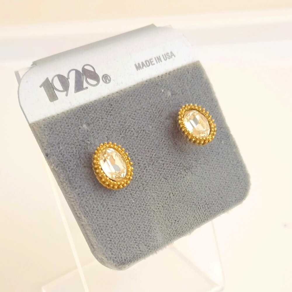 1928 Gold Oval Button Earrings Clear Rhinestone Surgical Steel Post Made in USA